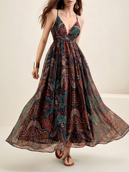 Printed V-neck Seaside Suspender Dress