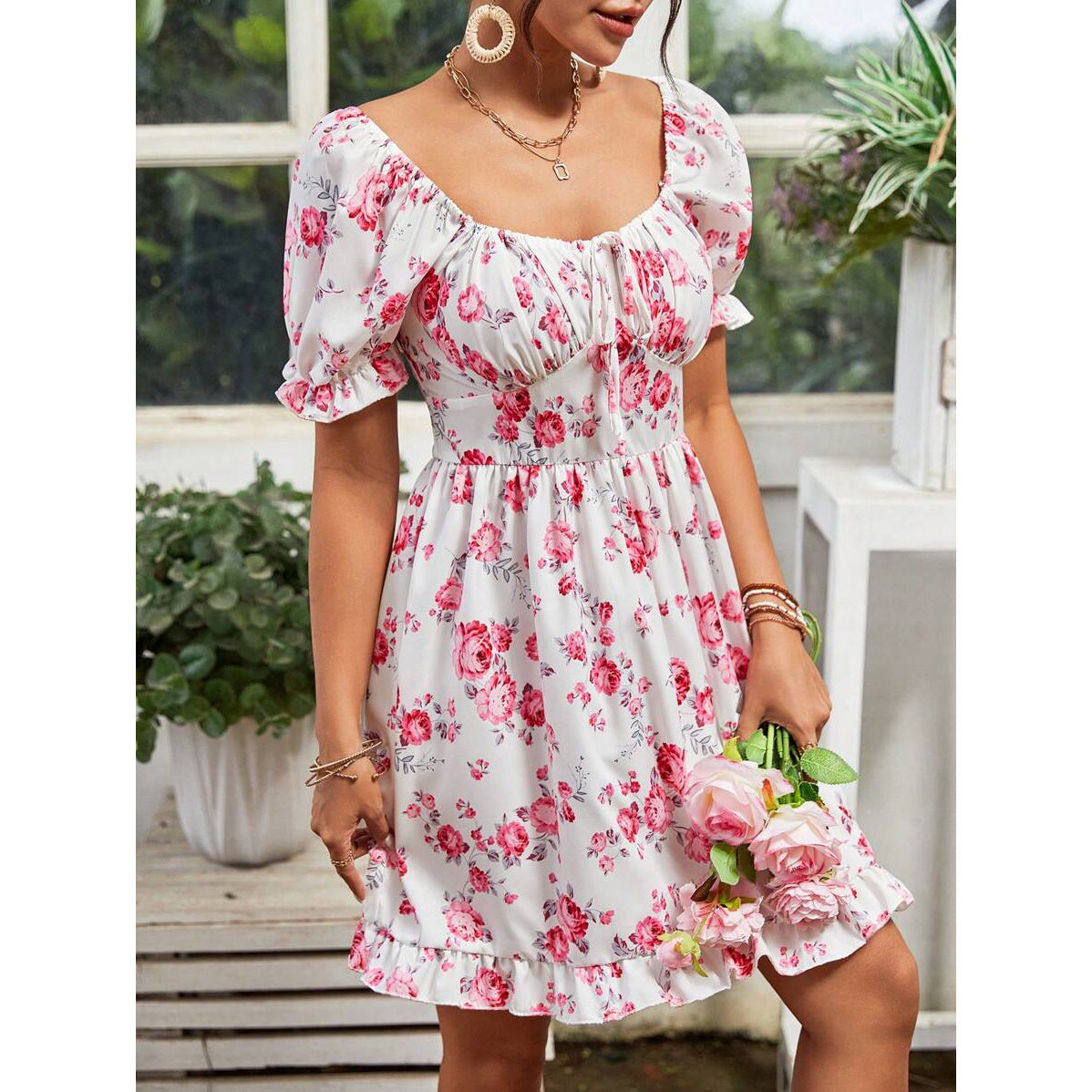 Tatiana® | Women'S Floral Basic Dress With Puff Sleeves And Adjustable Neckline