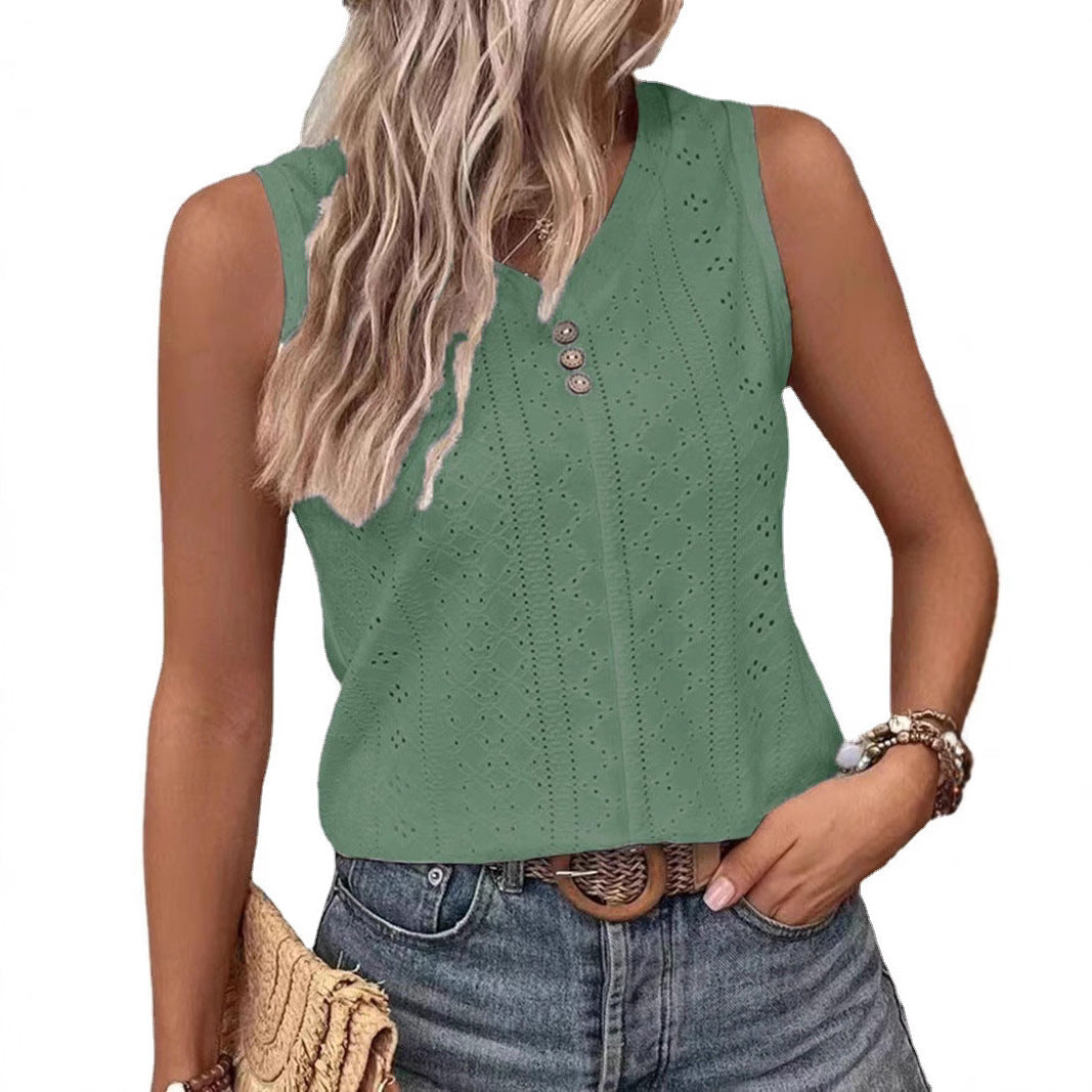 Sol® | Women'S Sleeveless Top With Button Detail And Openwork Pattern