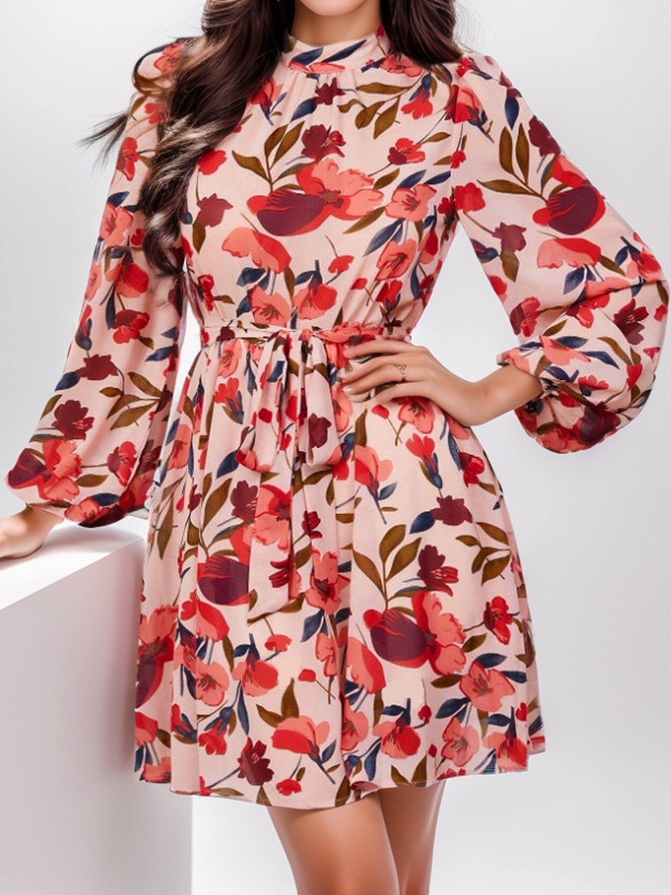 Nerea® | Women'S Floral Print Dress With Waist Belt And Long Sleeves