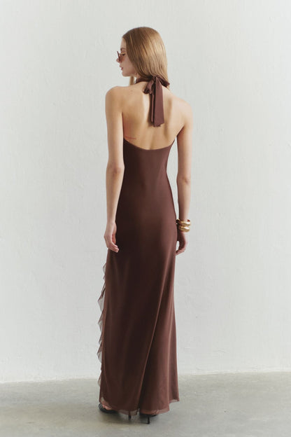 Yellow solid color halter back lace dress