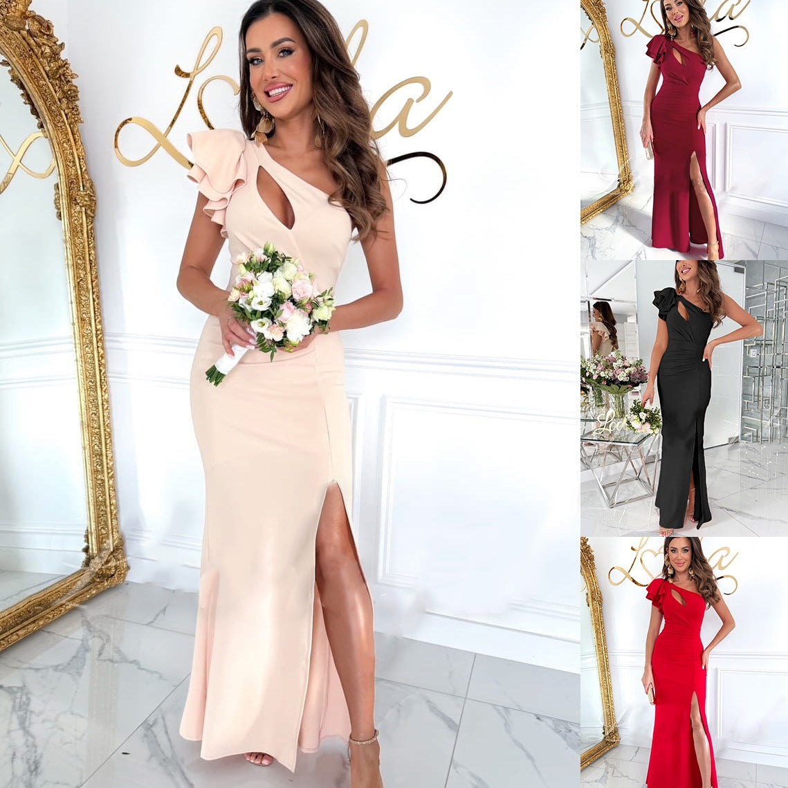 Yoselin® | Women'S Asymmetric Maxi Dress With Side Slit And Ruffle Detail