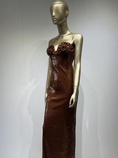 Sleeveless Backless Flower Sequins  Bodycon Maxi Long Dress