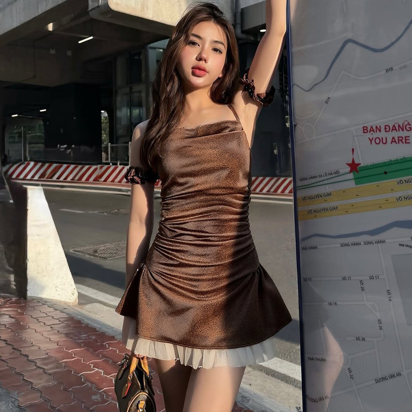 Vintage PU leather suspender dress
