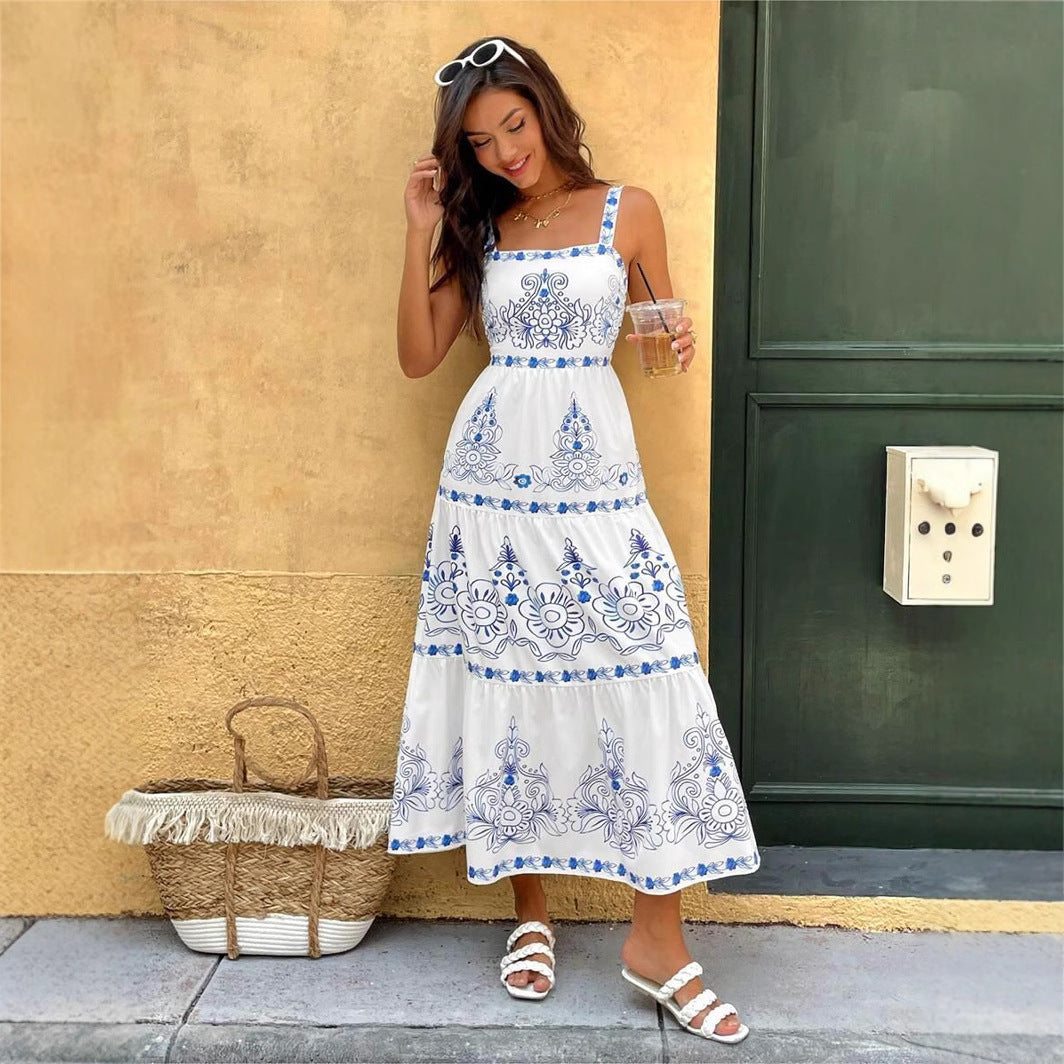 Natividad® | Women'S Floral Motif Maxi Dress With Adjustable Straps And Elastic Waistband