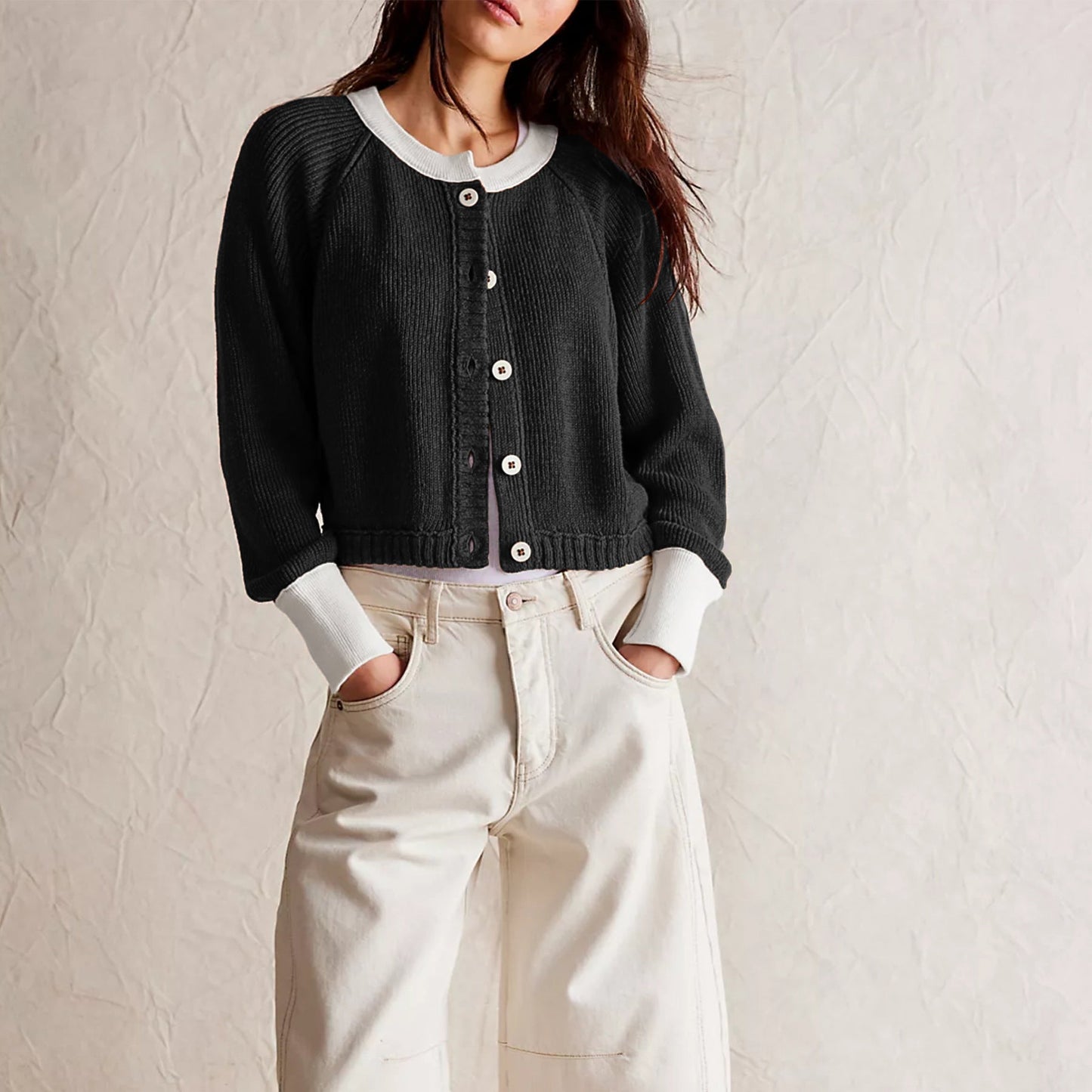 Katia | Cozy cardigan with contrasting stripes and button placket