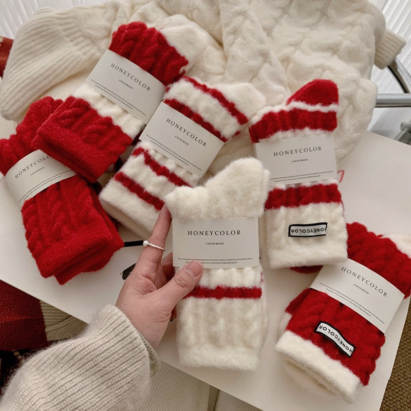 Red Striped Cashmere Blend Warm Mid Calf Socks
