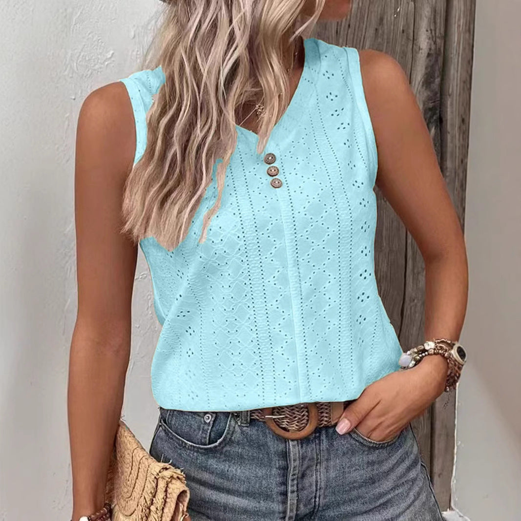 Sol® | Women'S Sleeveless Top With Button Detail And Openwork Pattern