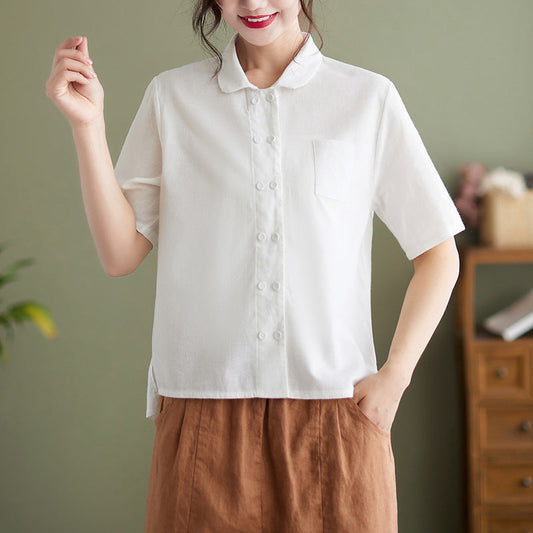 Athalie® | White Short Sleeve Cotton Linen Blouse For Women