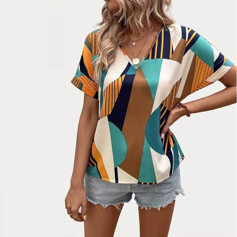 Fernanda® | Women'S Cotton T-Shirt With Modern Geometric Pattern And V-Neck