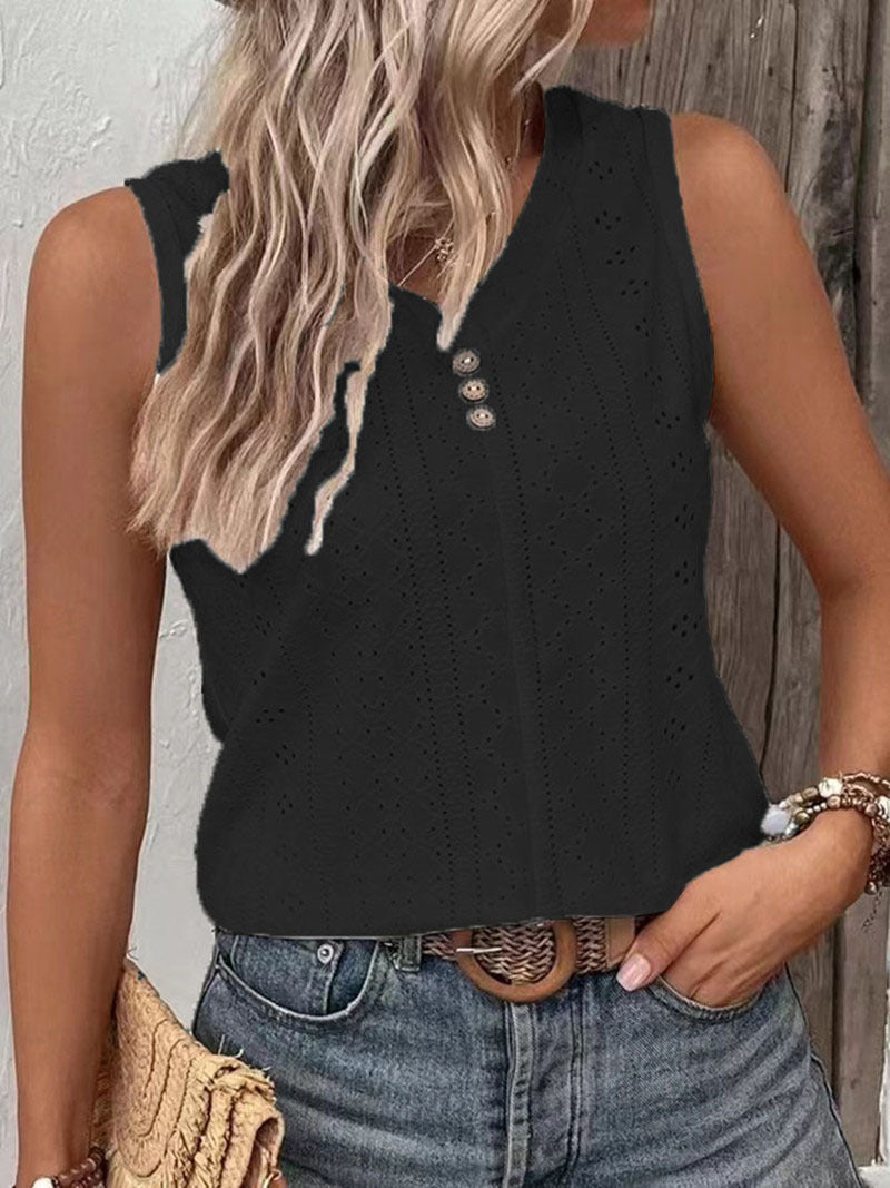 Sol® | Women'S Sleeveless Top With Button Detail And Openwork Pattern