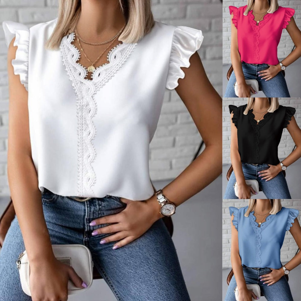 Karen® | Women'S Blouse With Ruffle Hems And Fine Lace Accents