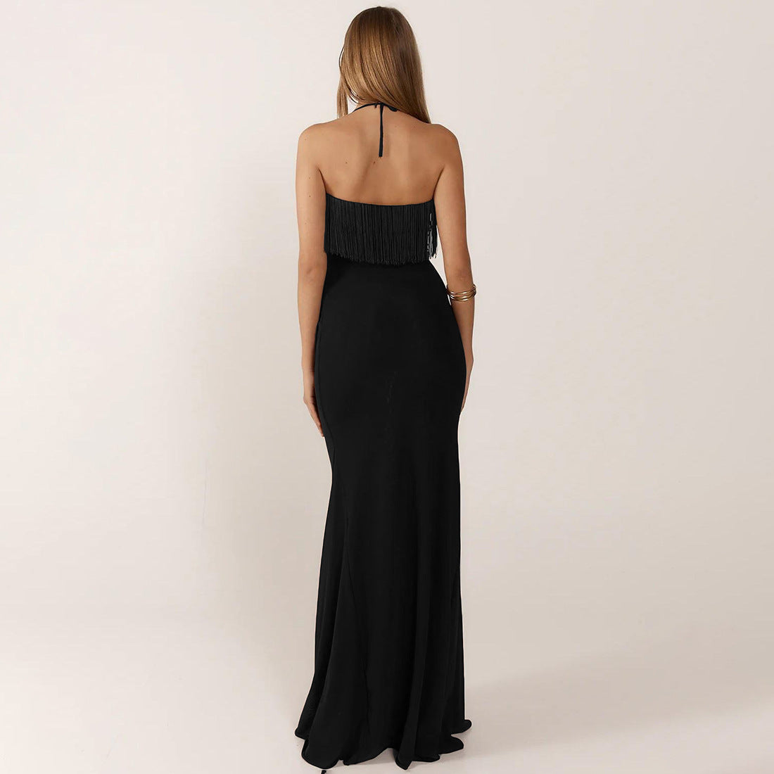 Tassel stitching halterneck backless high waist dress