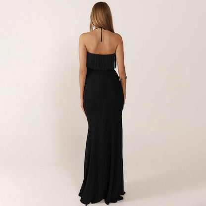 Tassel stitching halterneck backless high waist dress