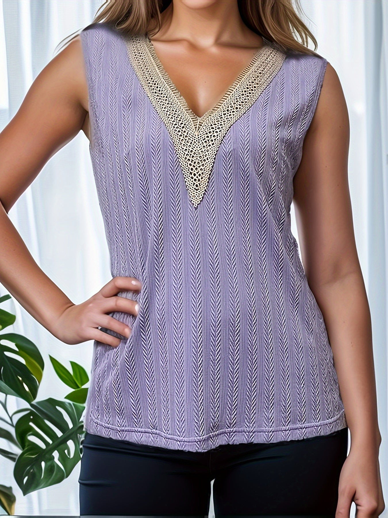 Sara® | Women'S Sleeveless Knitted Top With Elegant V-Neck And Decorative Crochet Pattern