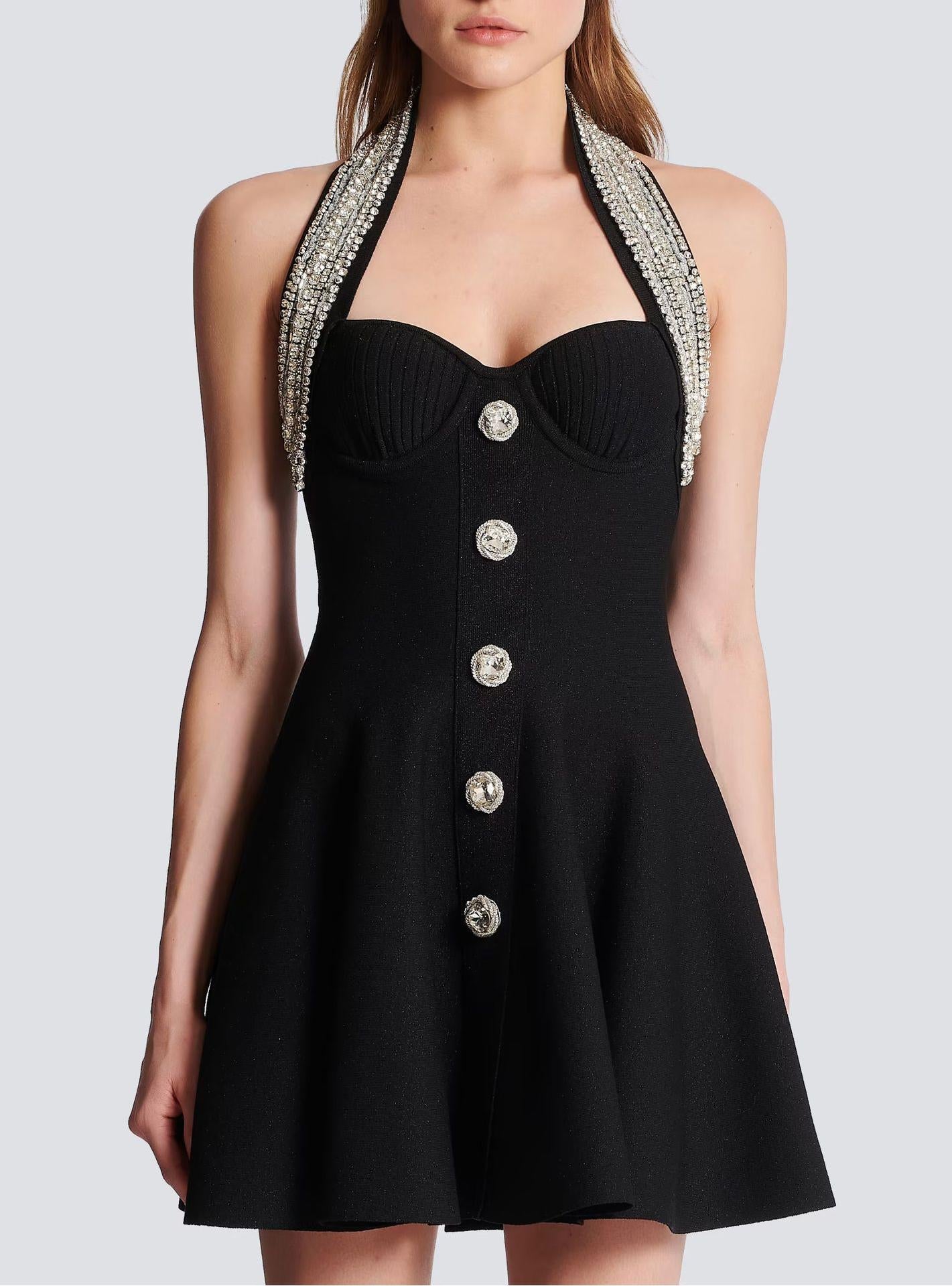 Black A-Line Halter Bandage Rhinestone Dress