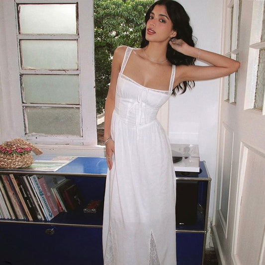 Lace Panel Square Neck Sleeveless Suspender Dress