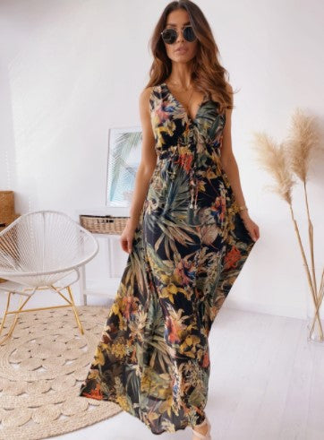 Fátima® | Bohemian Maxi Dress For Women With Deep V-Neck And Tie Belt