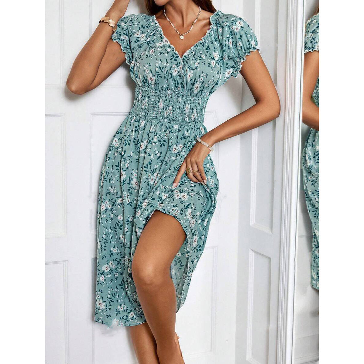 Julia® | Women'S Floral Midi Dress With Elastic Waist And Ruffle Details