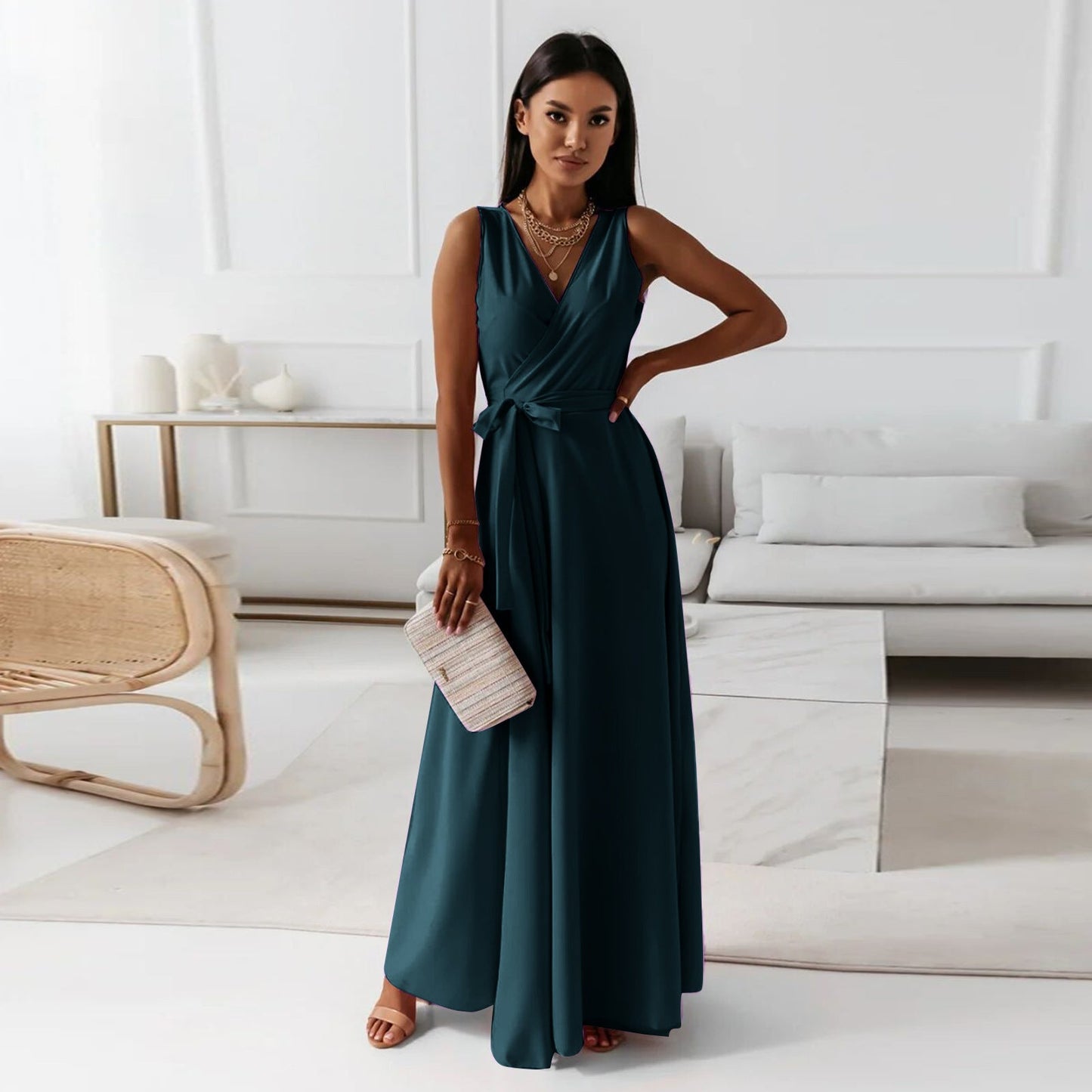 Edvige® | Women'S Solid Color V-Neck Long Dress