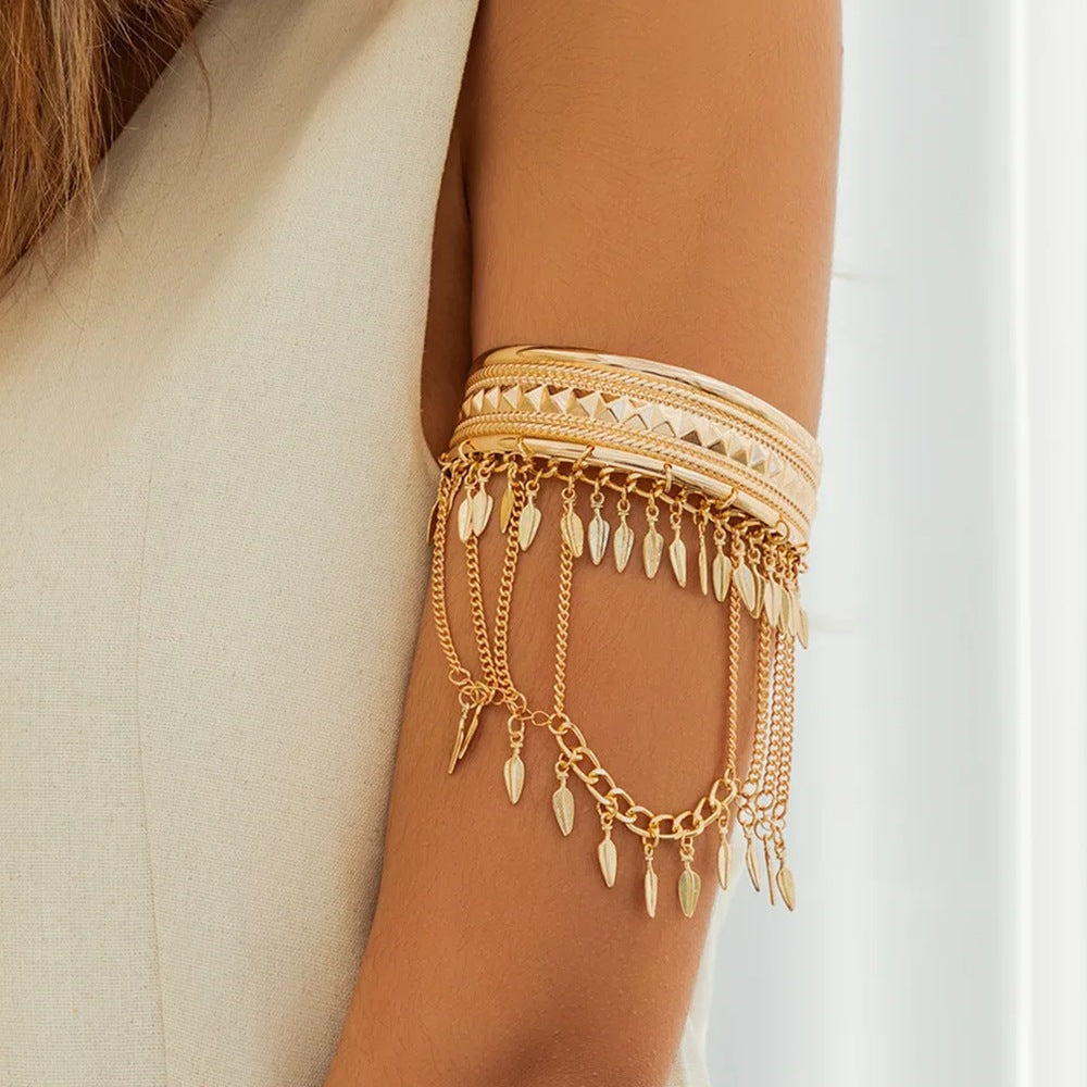 Metal Leaf Coin Tassel Open Bracelet