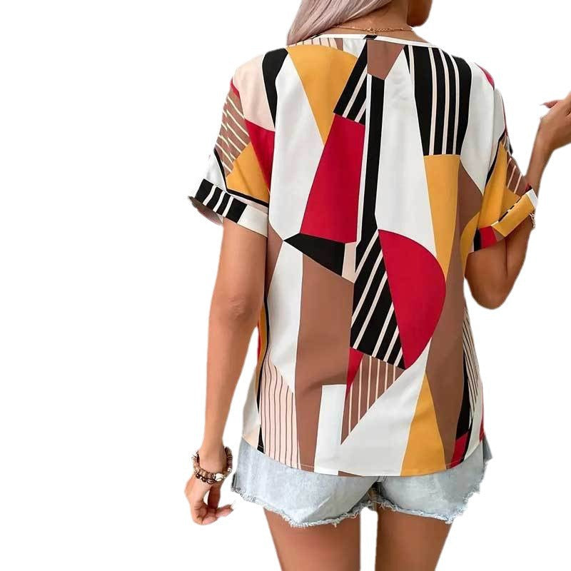 Fernanda® | Women'S Cotton T-Shirt With Modern Geometric Pattern And V-Neck