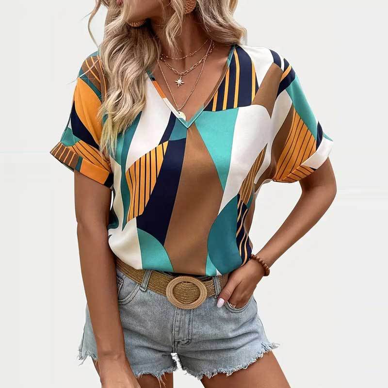 Fernanda® | Women'S Cotton T-Shirt With Modern Geometric Pattern And V-Neck
