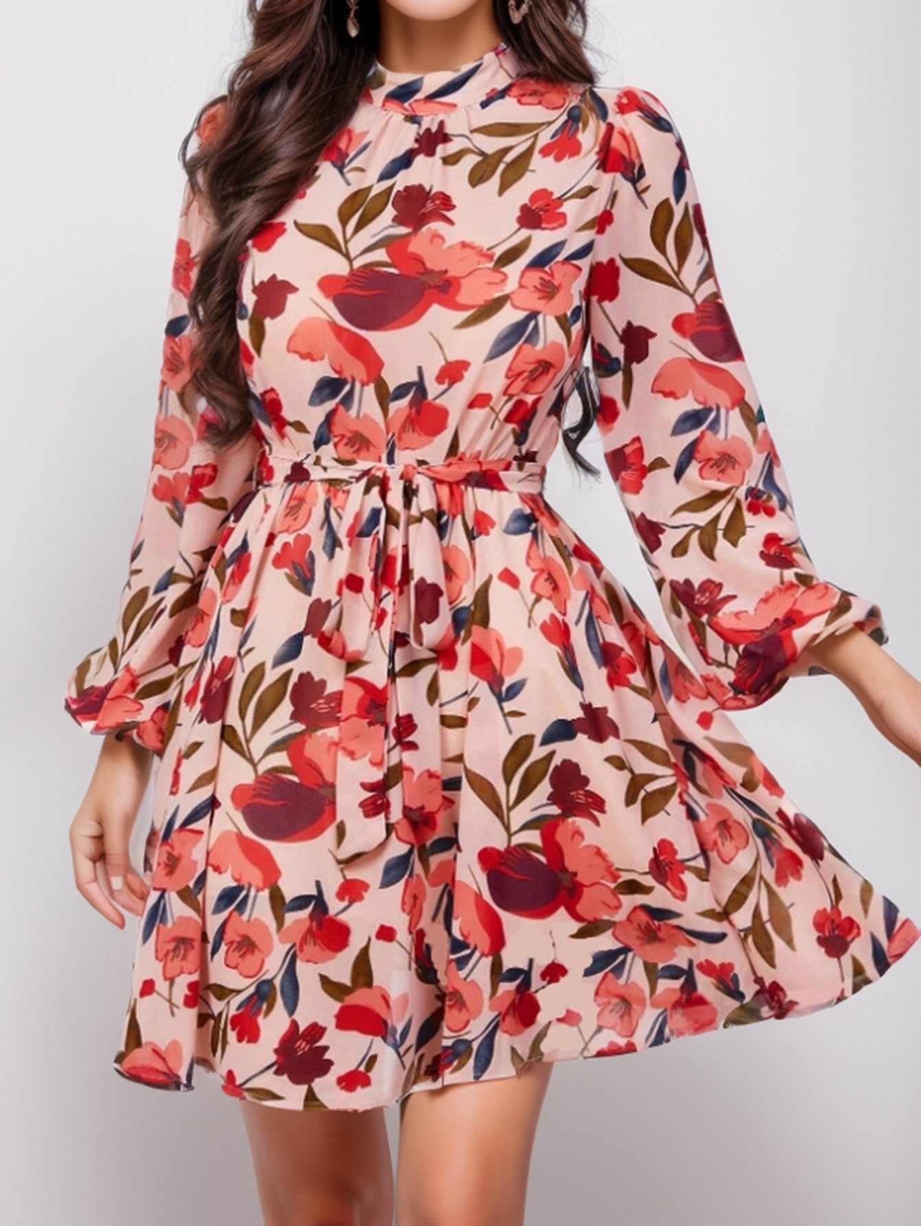 Nerea® | Women'S Floral Print Dress With Waist Belt And Long Sleeves