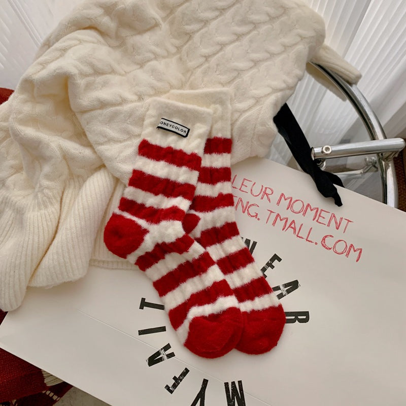 Red Striped Cashmere Blend Warm Mid Calf Socks
