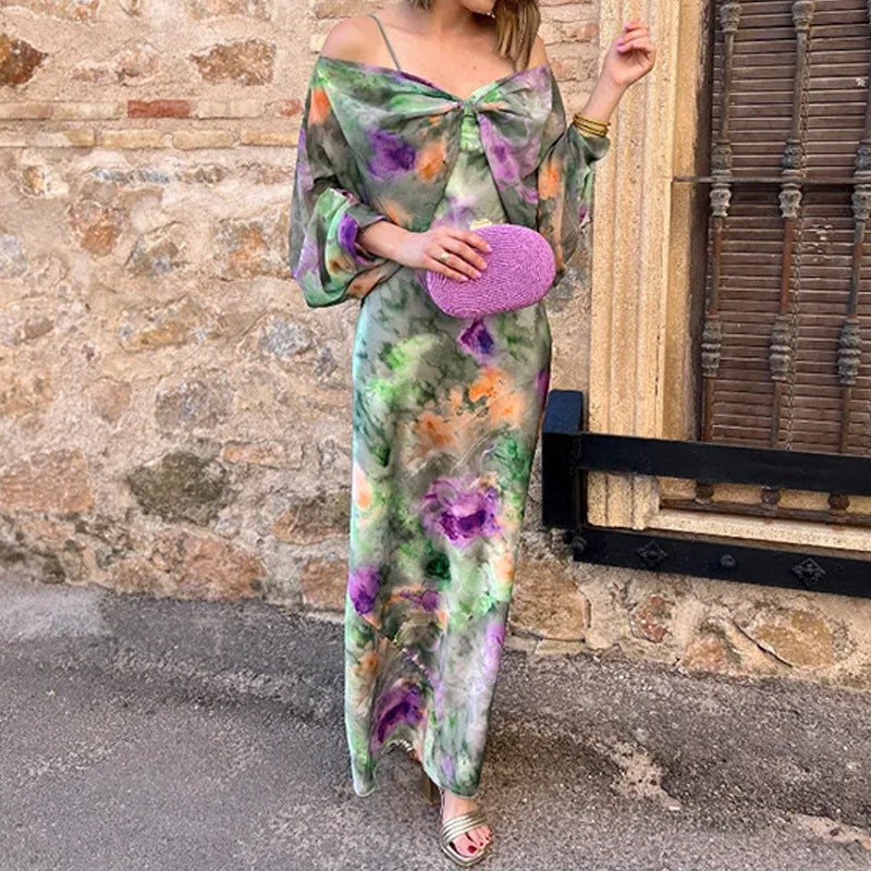 One-Shoulder Tie-Dye Print Suspender Cape Dress
