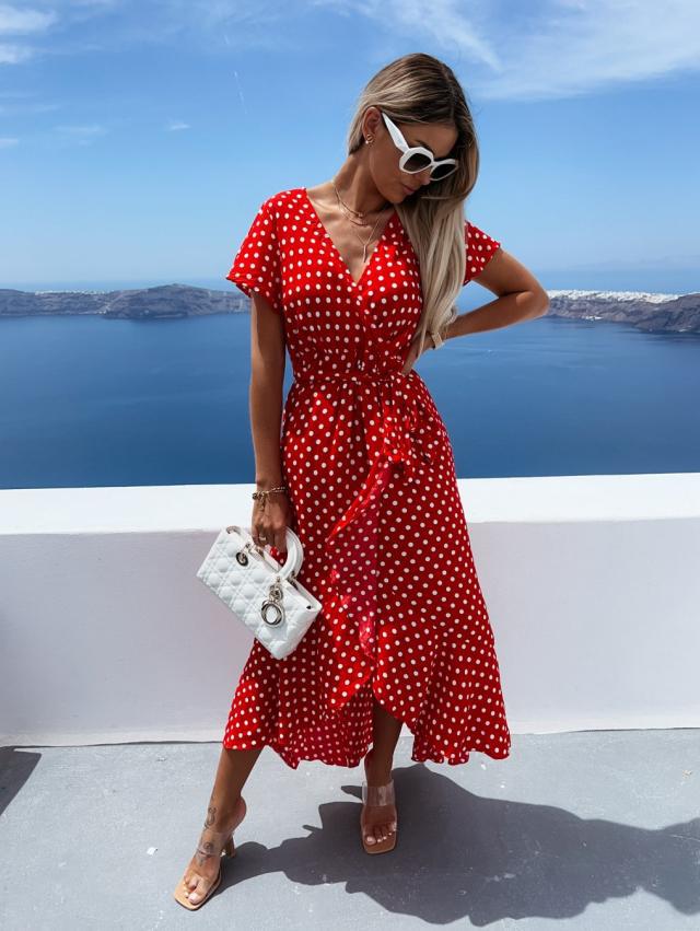 Yolanda® | Women'S Asymmetrical Maxi Dress With Dots And Low Waist