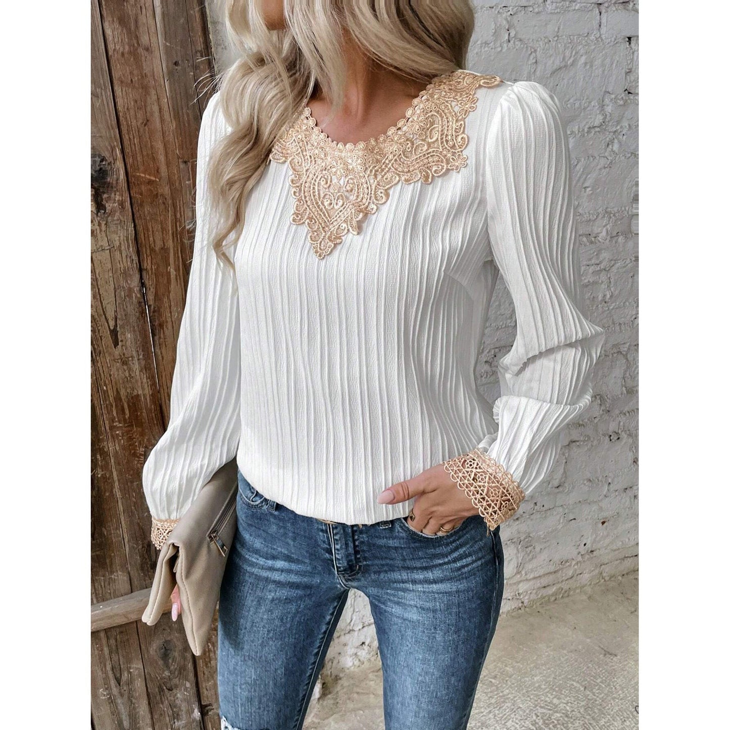Corina® | Women'S Blouse With Elegant Lace Details And Ribbed Design