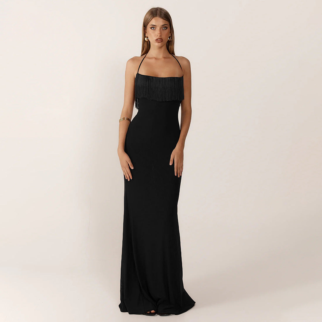 Tassel stitching halterneck backless high waist dress