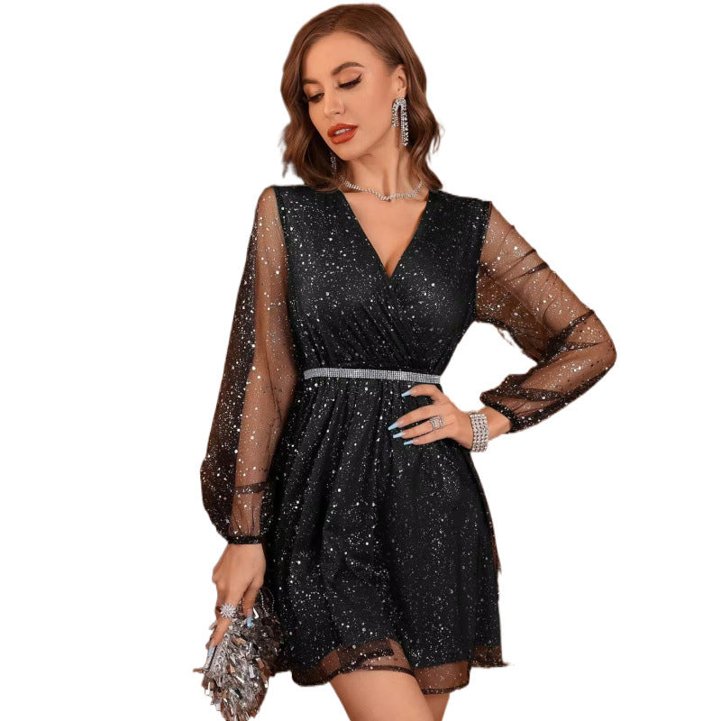 Mónica® | Women'S Evening Dress With Sparkling Glitter Effect And Semi-Transparent Sleeves