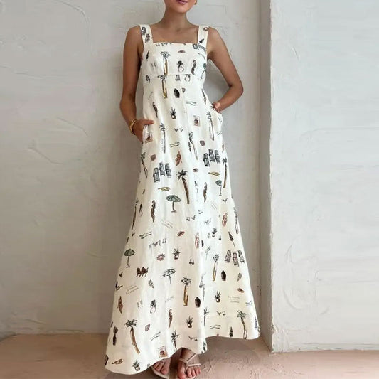 Sleeveless Tie-Strap Print Swing Dress