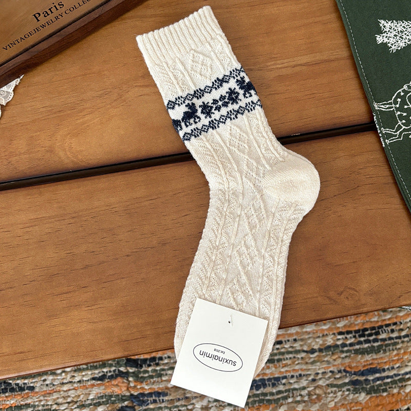 Wool Retro Elk Warm Slouchy Crew Socks