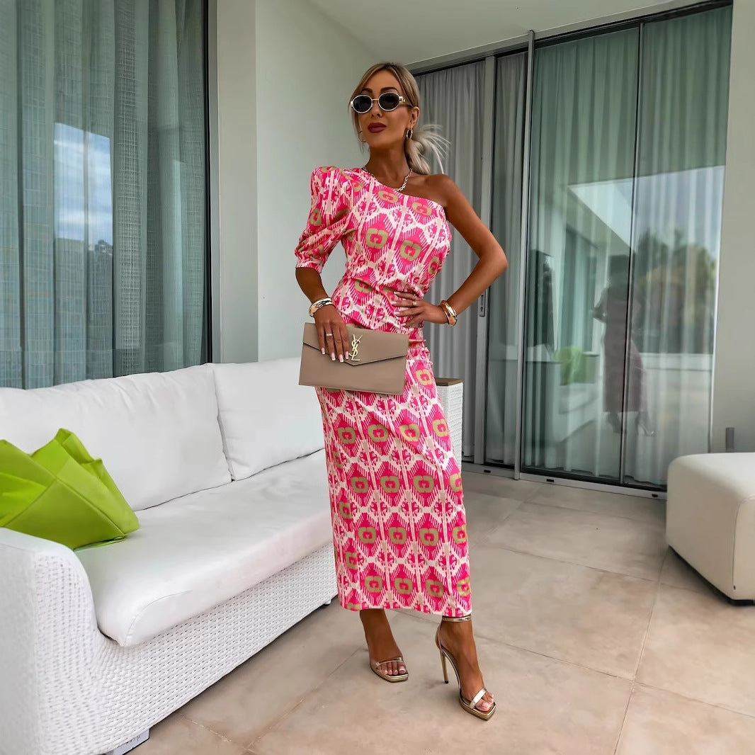 Yesica® | Women'S Asymmetric Maxi Dress With Puff Sleeves And Eye-Catching Pattern