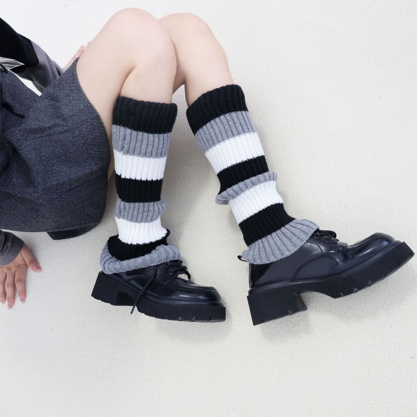 Knit Striped Color Block Slouchy Red Leg Warmers