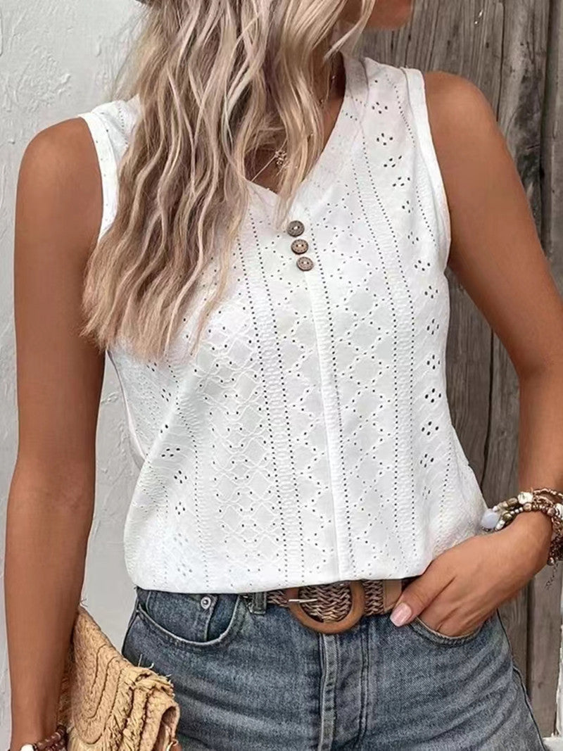 Sol® | Women'S Sleeveless Top With Button Detail And Openwork Pattern
