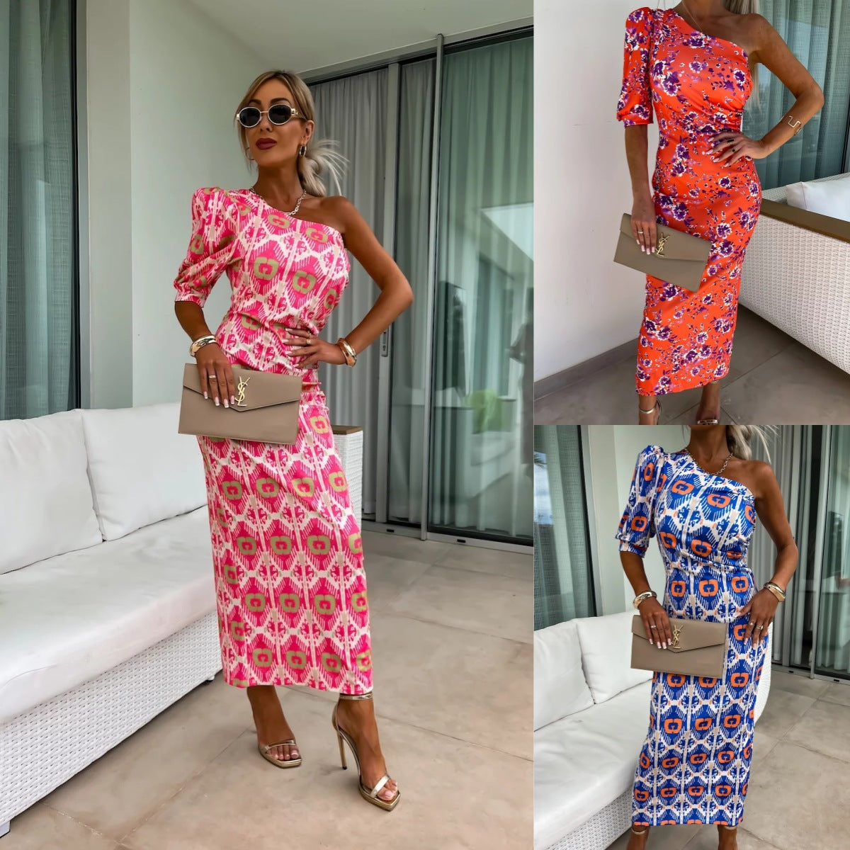 Yesica® | Women'S Asymmetric Maxi Dress With Puff Sleeves And Eye-Catching Pattern