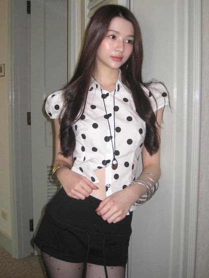 Vintage Polka Dot Print Short Sleeve Loose Versatile Blouse