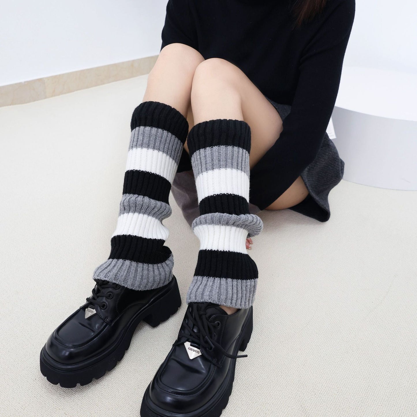 Knit Striped Color Block Slouchy Red Leg Warmers