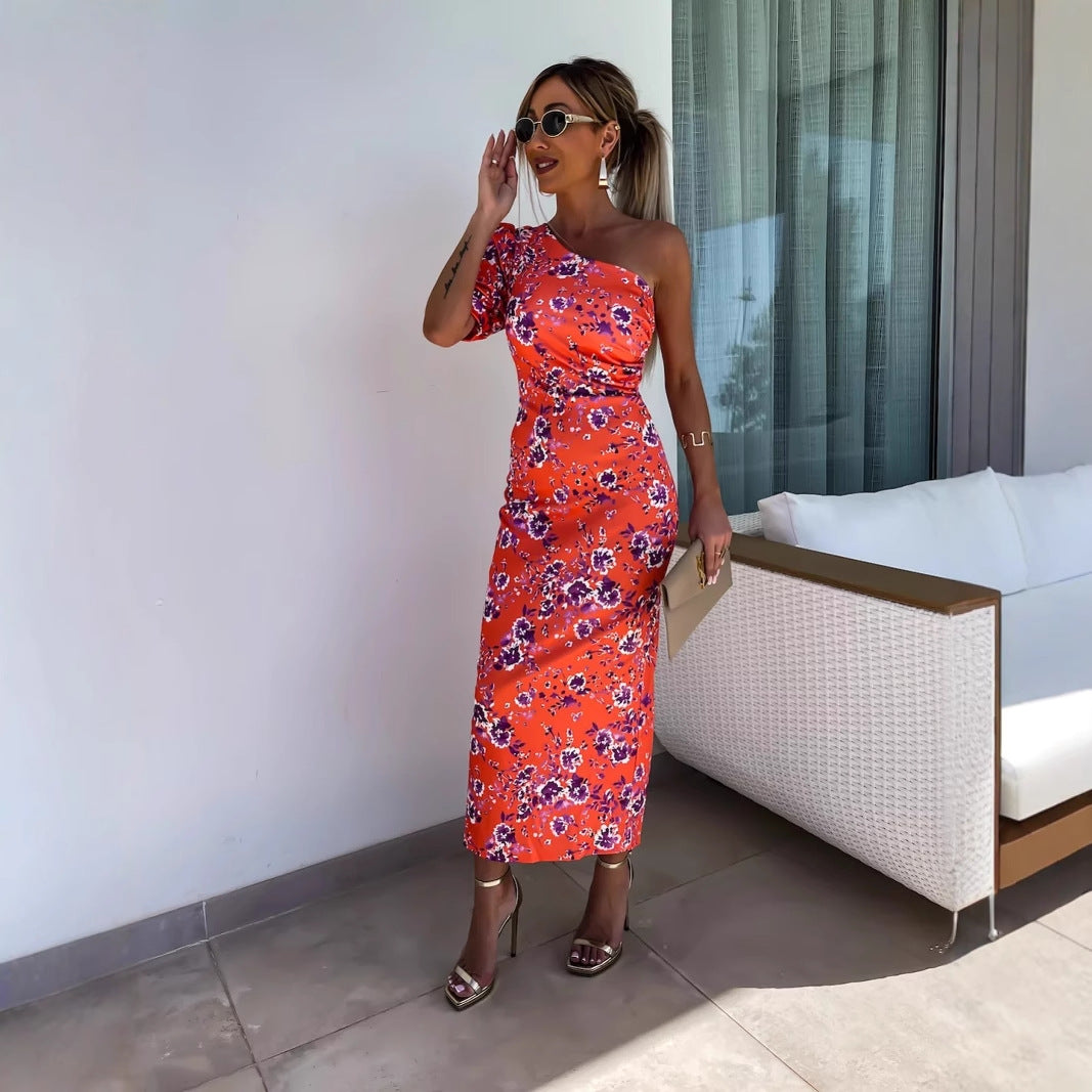 Yesica® | Women'S Asymmetric Maxi Dress With Puff Sleeves And Eye-Catching Pattern