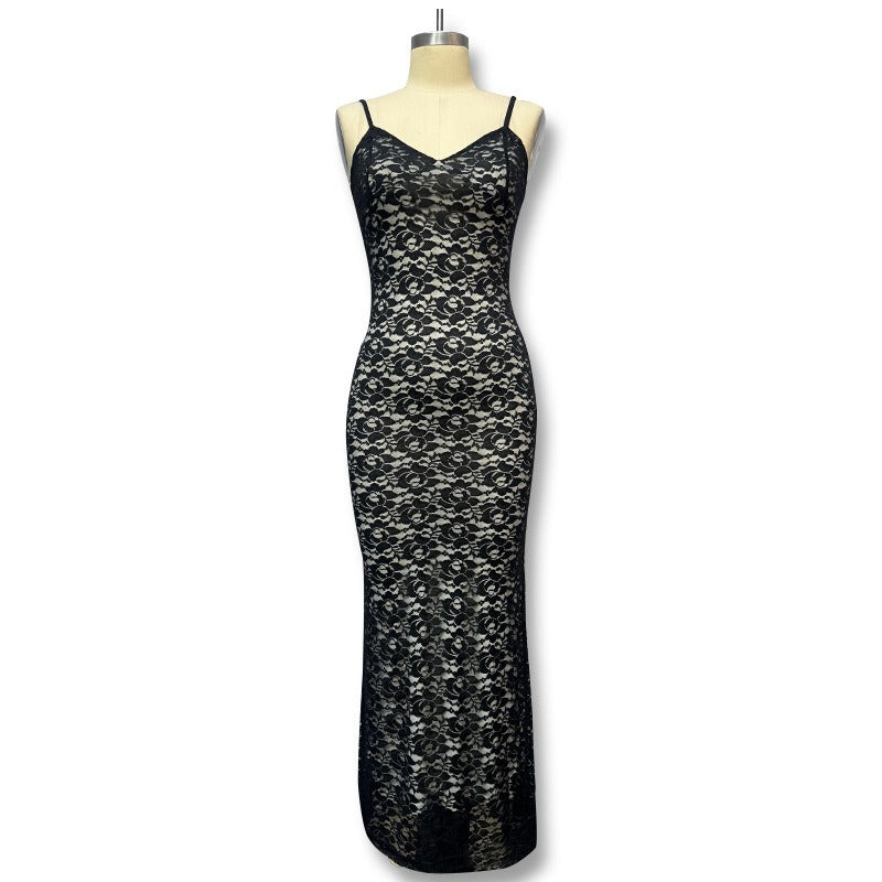 Deep V Lace Halter Back Maxi Dress
