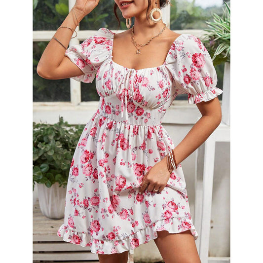 Tatiana® | Women'S Floral Basic Dress With Puff Sleeves And Adjustable Neckline