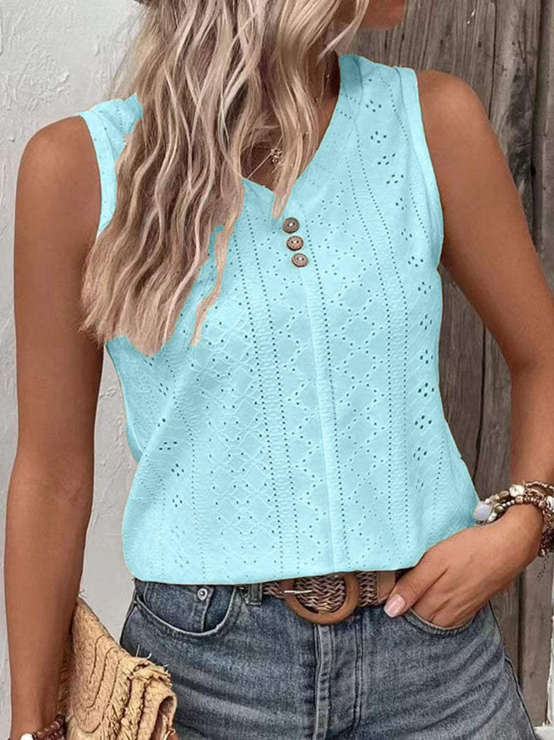Sol® | Women'S Sleeveless Top With Button Detail And Openwork Pattern