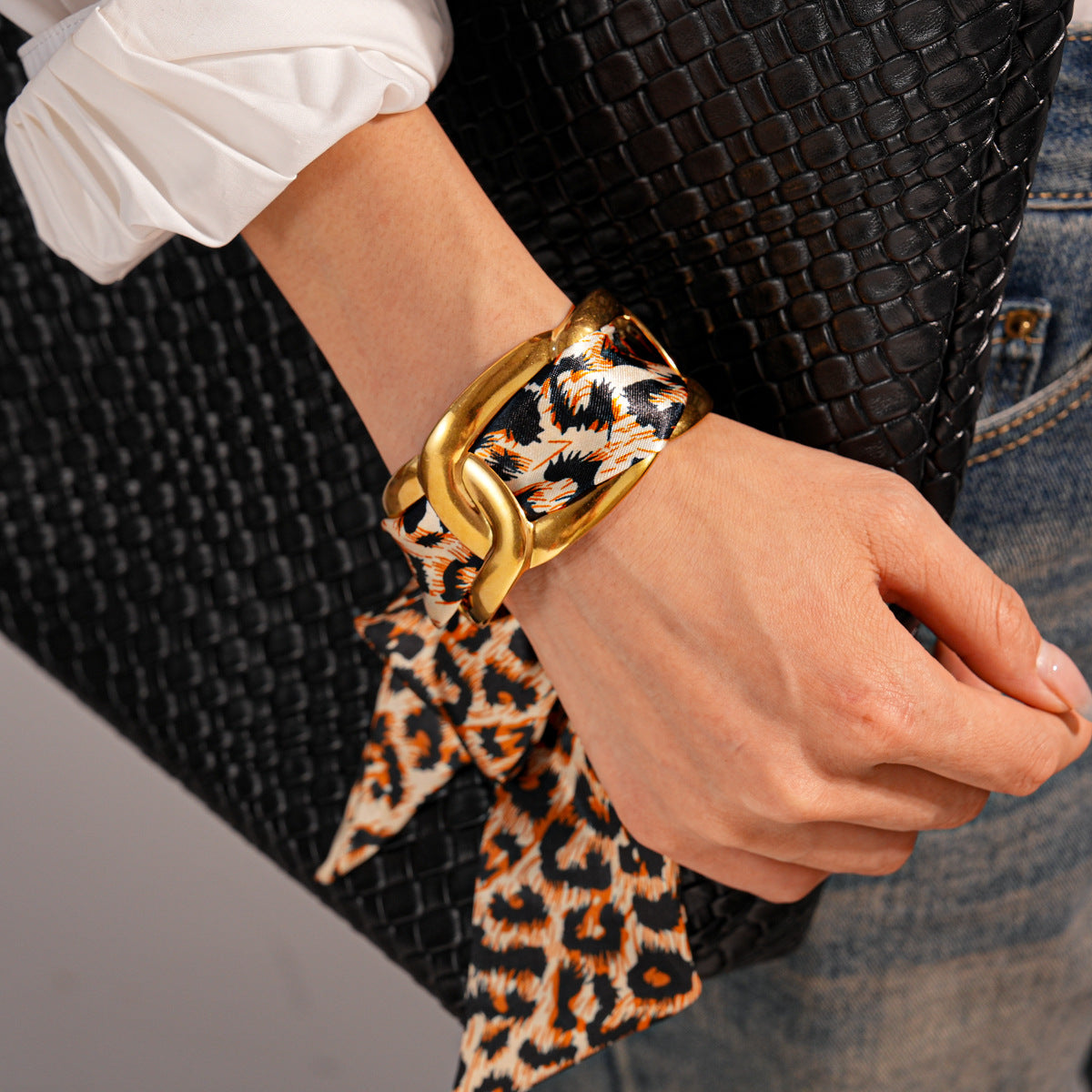 Stainless Steel Hollow Fabric Open Bracelet