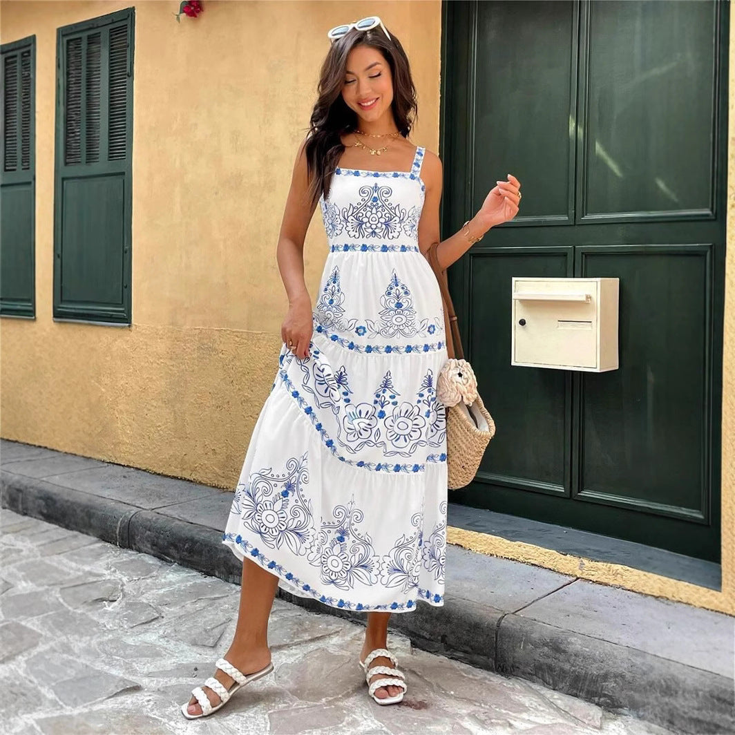 Natividad® | Women'S Floral Motif Maxi Dress With Adjustable Straps And Elastic Waistband