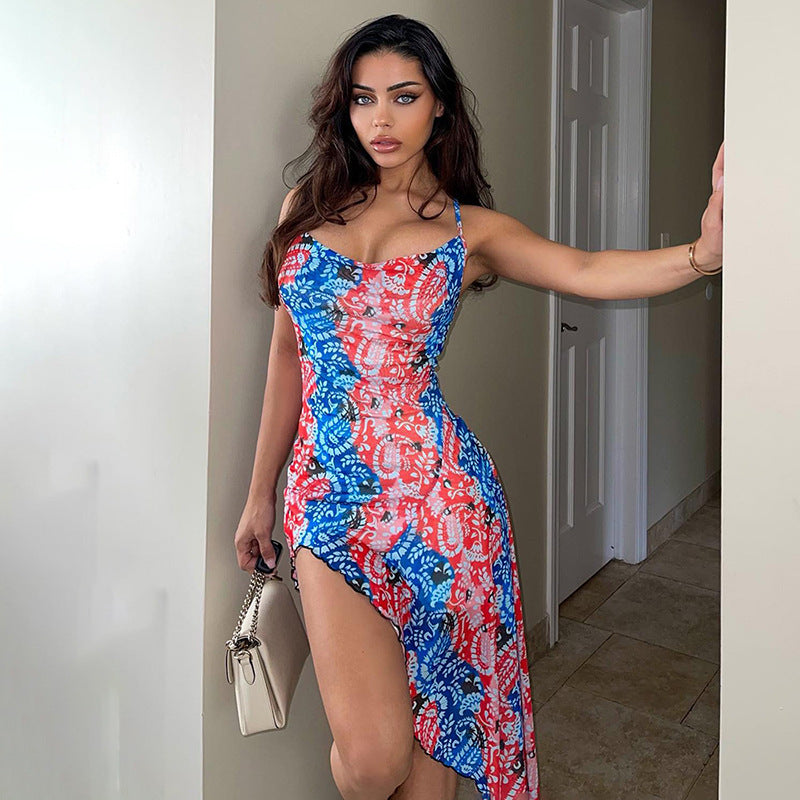 Elena® | Women'S Asymmetrical Summer Dress With Floral Pattern And Spaghetti Straps