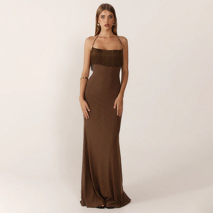 Tassel stitching halterneck backless high waist dress